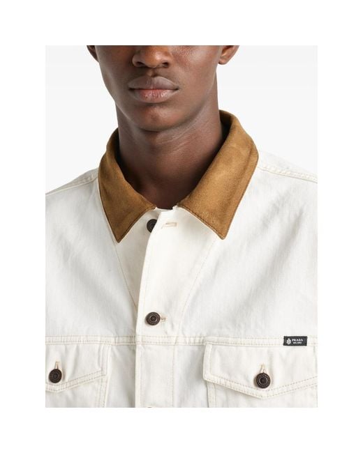 Prada White Old Denim Jacket With Leather Details for men