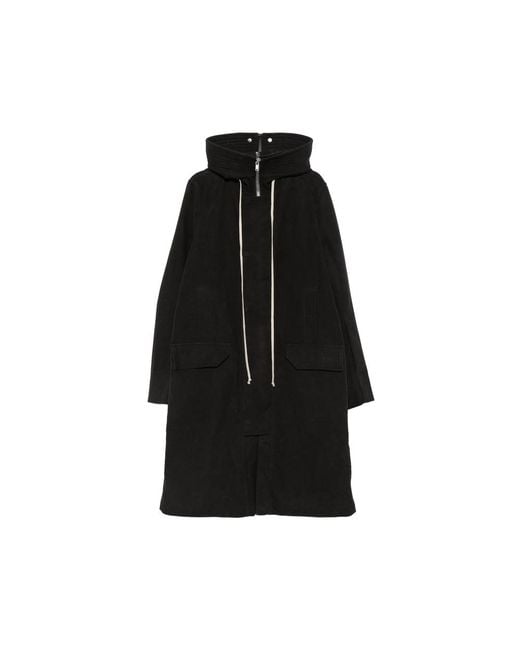 Rick Owens Black Drawstring-Hood Zipped Coat for men