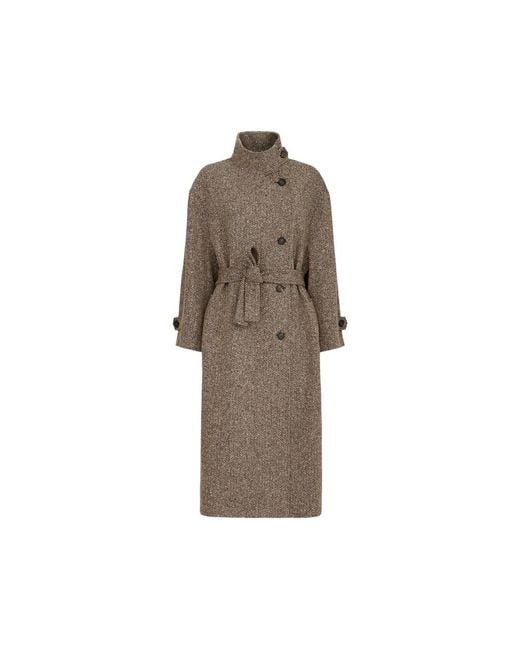 Brunello Cucinelli Brown Sparkling Virgin Wool Chevron Belted Coat With Monili