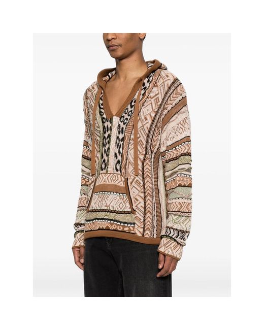 Laneus Brown Patterned Knitted Hoodie for men