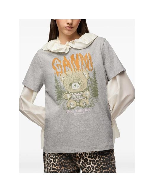 Ganni White T-Shirt With Forest Teddy