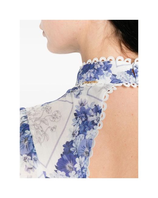 Twinset Blue Long-Sleeve Floral-Detail Mini Dress