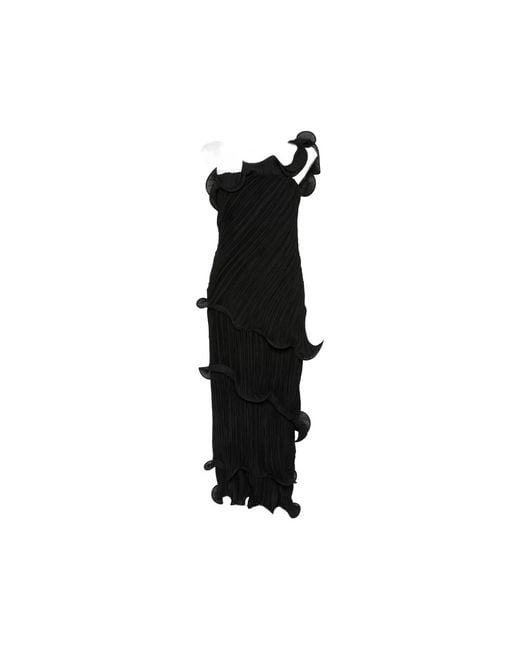 Cult Gaia Black One-Shoulder Plissé-Effect Midi Dress
