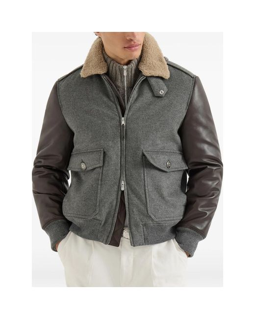 Brunello Cucinelli Gray Bonded Cashmere Beaver Cloth And Nappa Leather Bomber Jacket With Thermore Padding And Detachable Shearling Collar for men