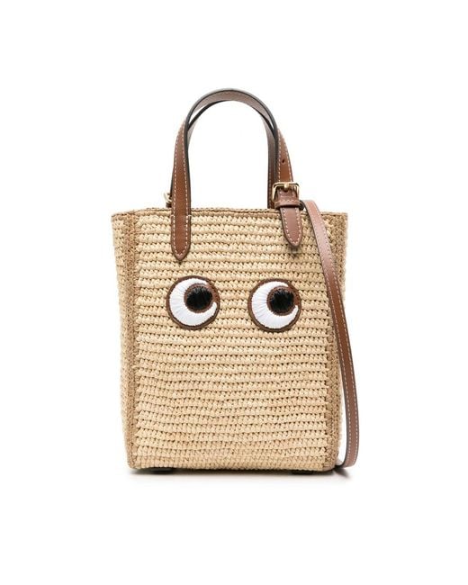 Anya Hindmarch Natural Eyes-Embroidered Raffia Tote Bag