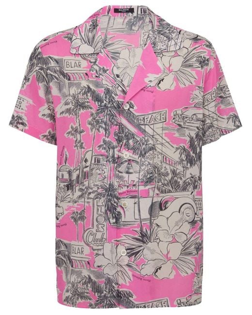 Balmain Pink Stretch Silk Miami Print Shirt for men