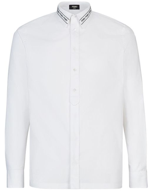 Fendi White Embroidered Logo Collar Shirt for men