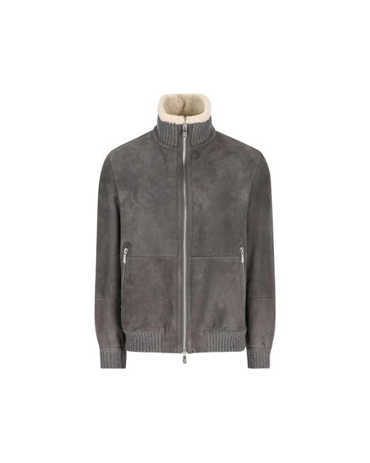 Brunello Cucinelli Gray Shearling-Trim Ribbed Jacket for men