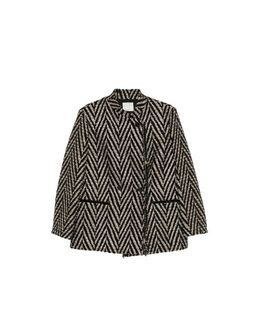 Forte_forte Gray Chevron-Knit Fringed Coat