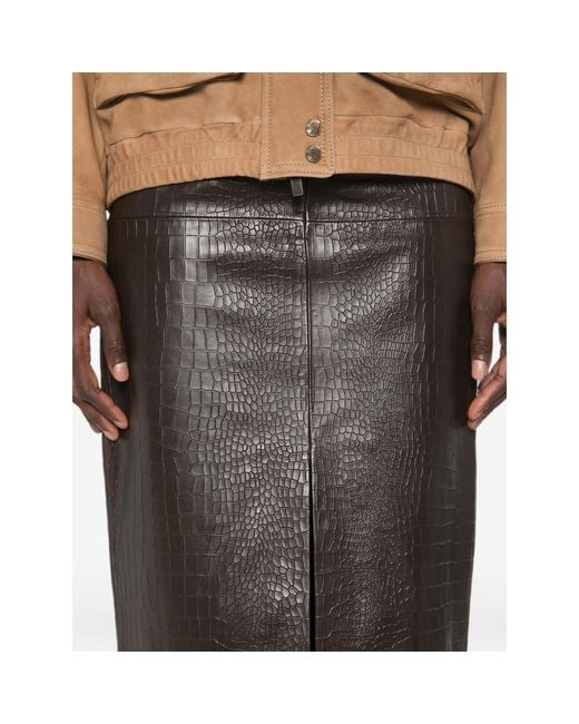 FEDERICA TOSI Gray Crocodile-Effect Leather Midi Skirt