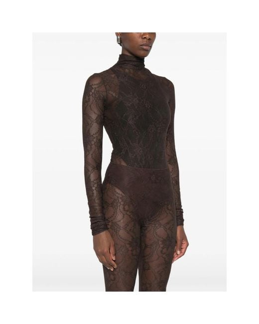 ANDAMANE Brown Ziggy Lace-Pattern High-Neck Bodysuit