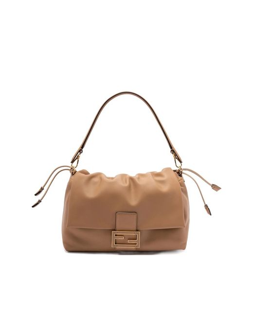 Fendi Brown Large Mamma Baguette Logo-Plaque Gathered Shoulder Bag