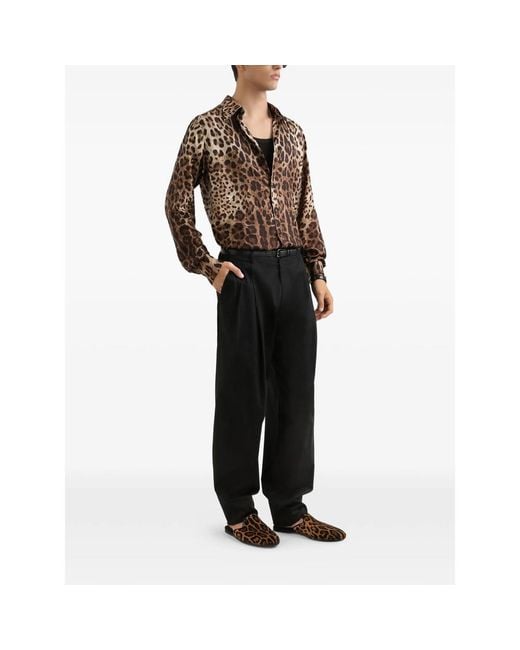 Dolce & Gabbana Brown Silk Leopard Print Shirt for men