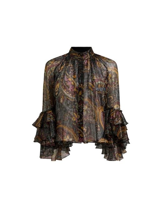 Etro Brown Silk Shirt With Ruffle And Striped Floral Paisley Motif
