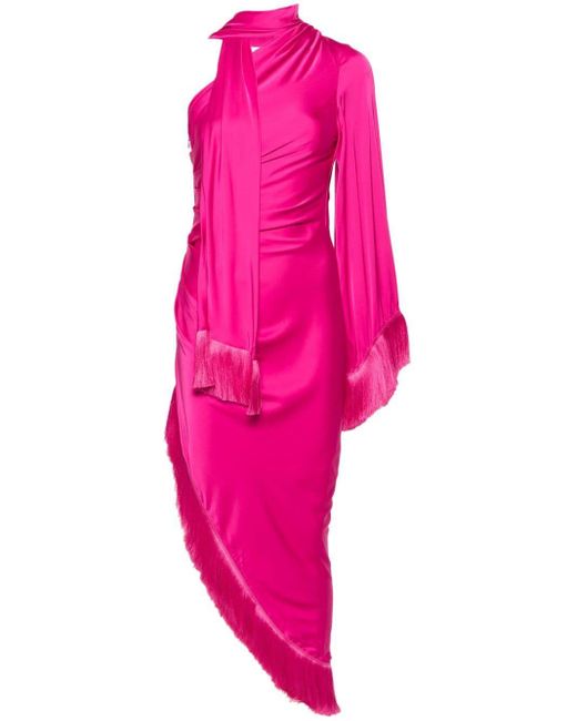 PATBO Pink Fringed One-Shoulder Dress