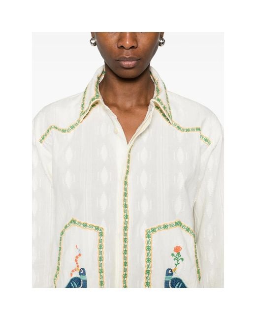 Mother White Bird Embroidery Button-Down Top