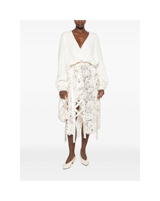 Simone Rocha Natural Lace-Up Floral-Lace Midi Skirt