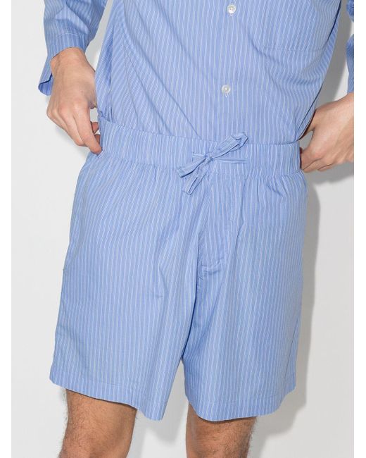 Tekla Blue Poplin Pinstriped Pajama Shorts