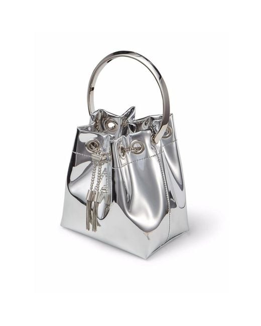 Jimmy Choo Gray Mini Bon Bon Metallic-Effect Bucket Bag