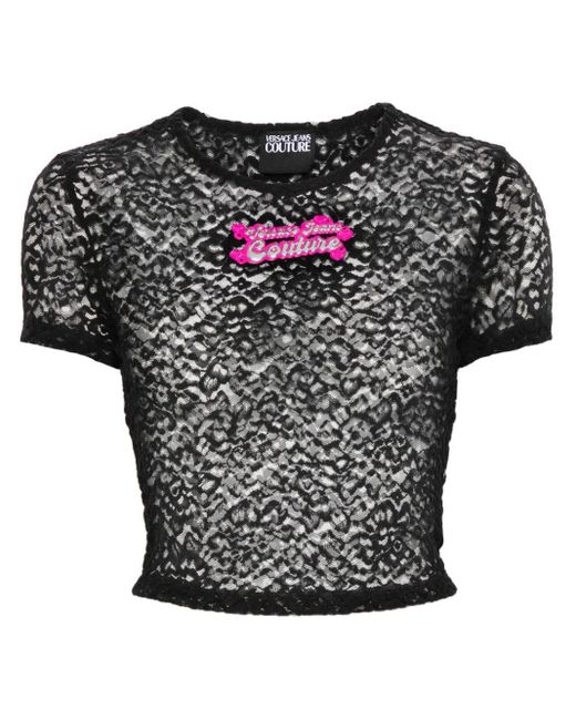 Versace Black Appliqué-Logo Floral-Lace T-Shirt