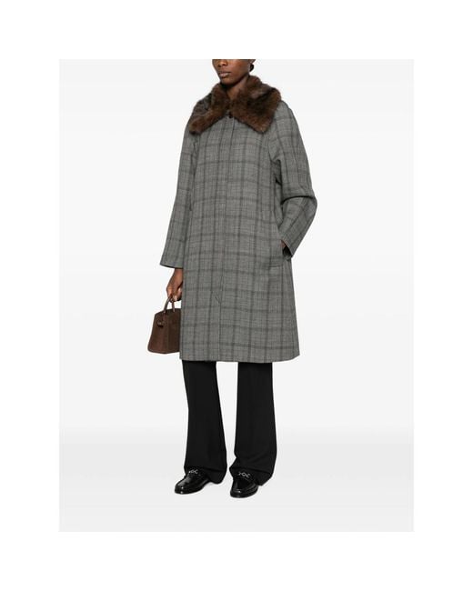 Tela Gray Check Faux-Fur Collar Coat