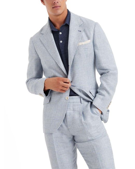 Brunello Cucinelli Blue Check-Pattern Linen Blazer for men