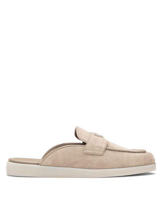 Prada Natural Triangle-Logo Backless Suede Loafers for men