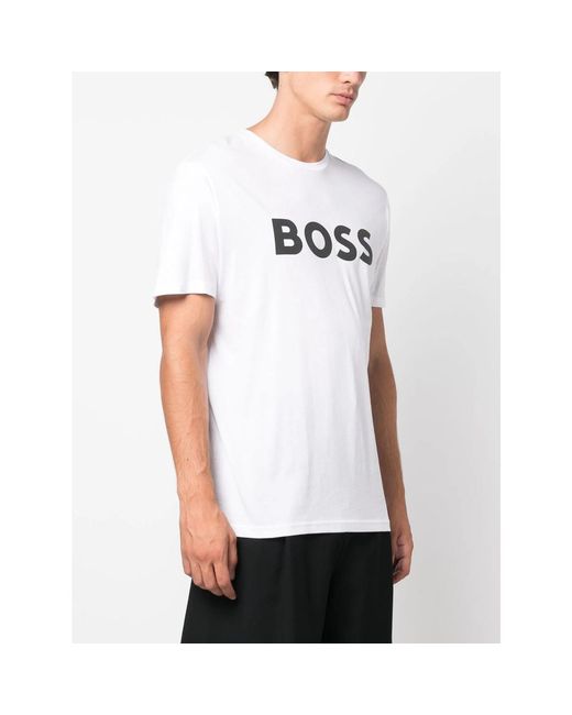 Boss White Logo-Print Cotton T-Shirt for men