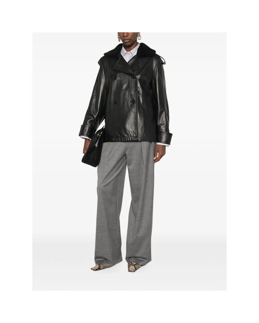 SANTORO Black Shearling-Collar Double-Breasted Jacket