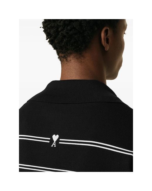 AMI Black Cotton Ami Patch Striped Polo for men