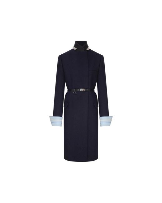 Prada Blue Long Wool Coat With Belt And Jewel Collar