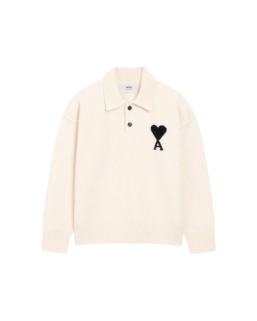 AMI Natural Ami De Coeur Wool Polo Shirt for men
