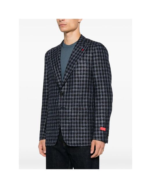 Isaia Blue Gingham-Check Notched-Lapel Blazer for men