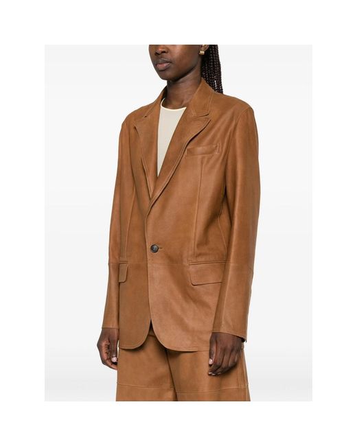 Tela Brown Notched-Lapel Leather Blazers