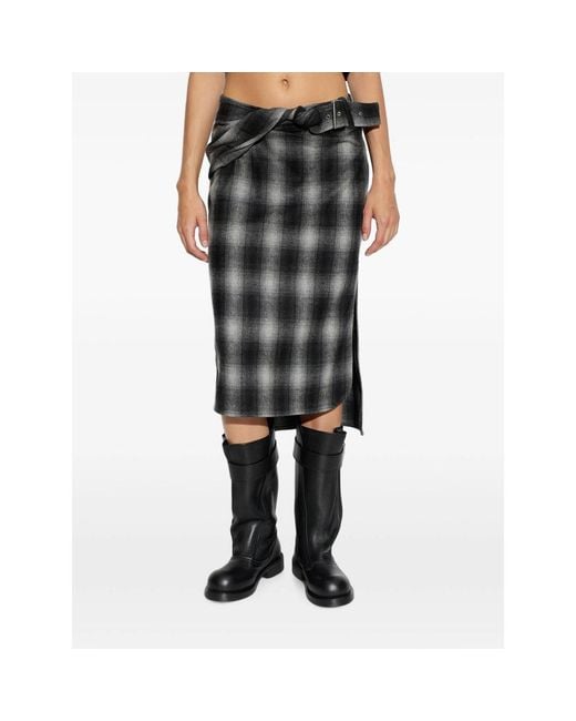 IRO Black Nylane Check Belted Midi Skirt