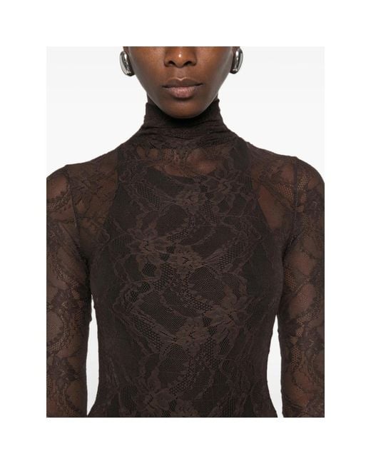 ANDAMANE Brown Ziggy Lace-Pattern High-Neck Bodysuit