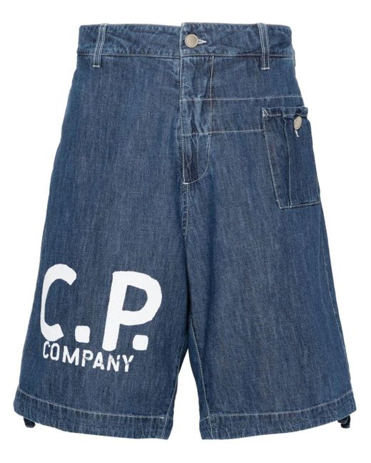 C P Company Blue Logo-Print Denim Shorts for men