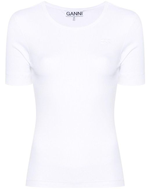 Ganni White Logo-Embroidered Ribbed T-Shirt
