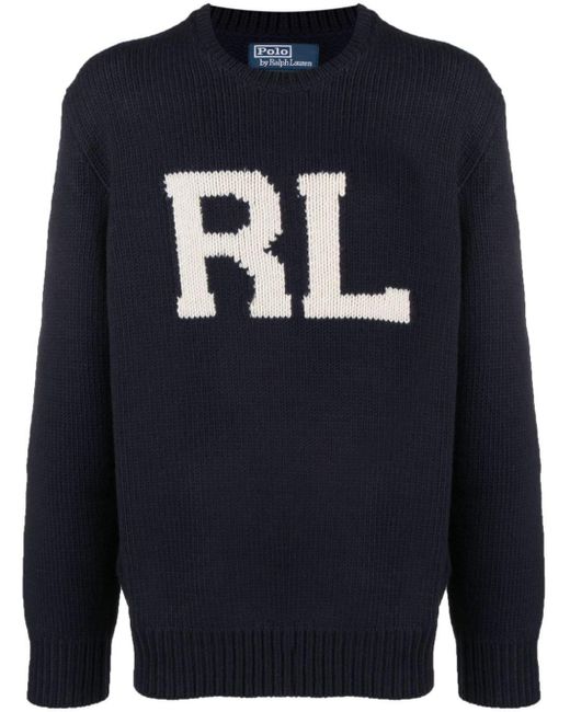 Polo Ralph Lauren Blue Intarsia Knit Logo Wool Jumper for men