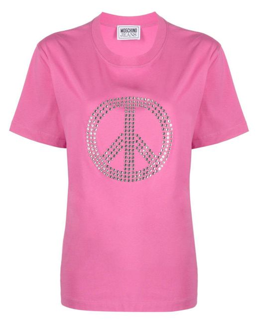 Moschino Jeans Pink Peace Symbol-Studded T-Shirt