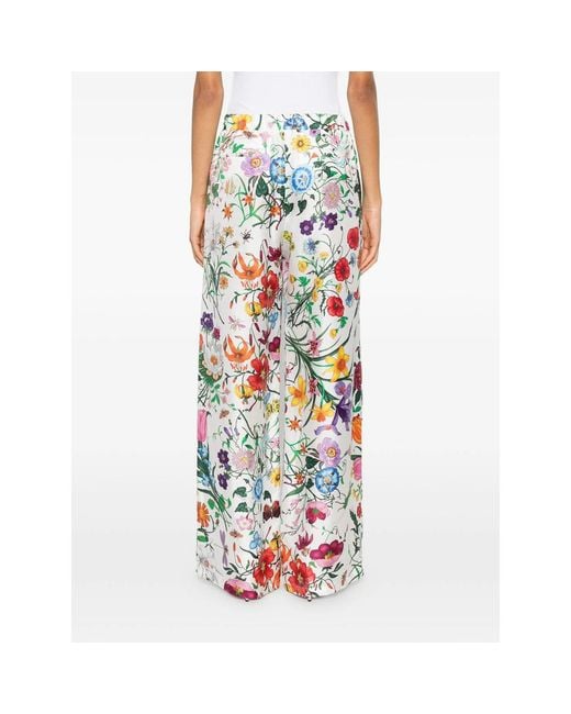 Gucci White Flora-Print Silk Palazzo Pants