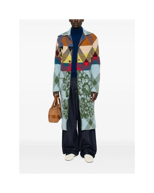 Dries Van Noten Blue Argyle Floral-Pattern Coat for men