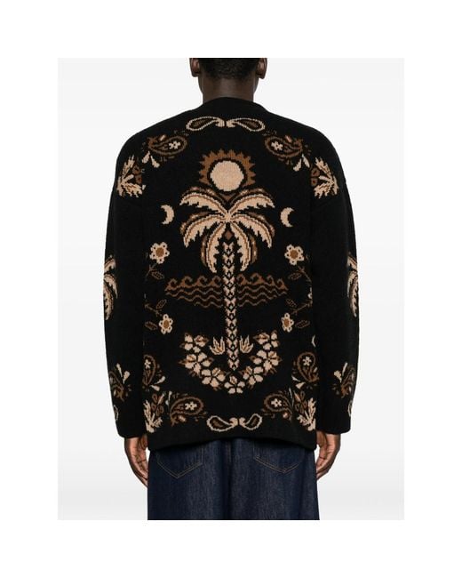 Alanui Black Palm-Intarsia Knitted Cardigan for men