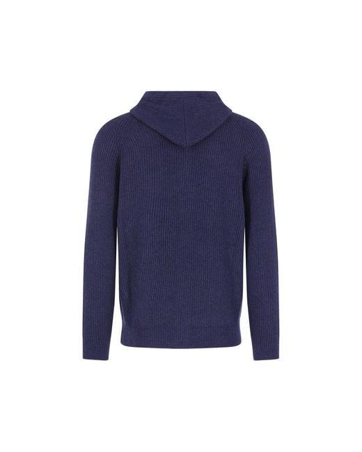 Brunello Cucinelli Blue Ribbed-Knit Zip-Up Hoodie for men