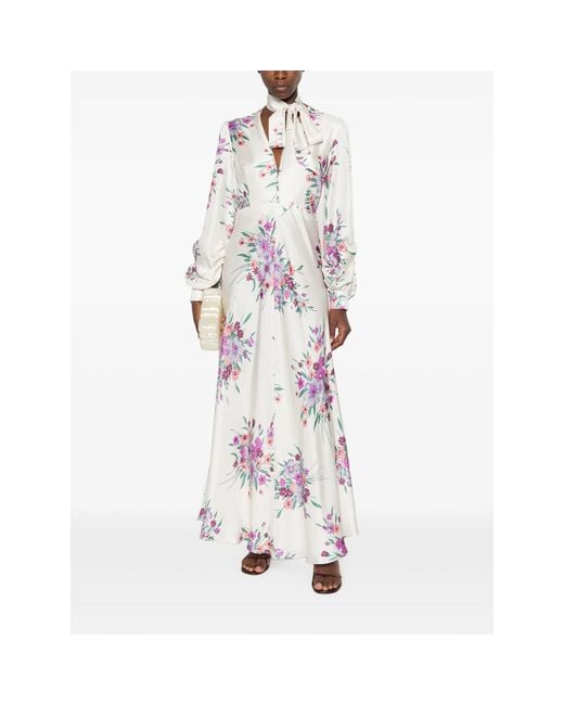 Raquel Diniz White Valerie Floral-Print Tie-Neck Maxi Dress