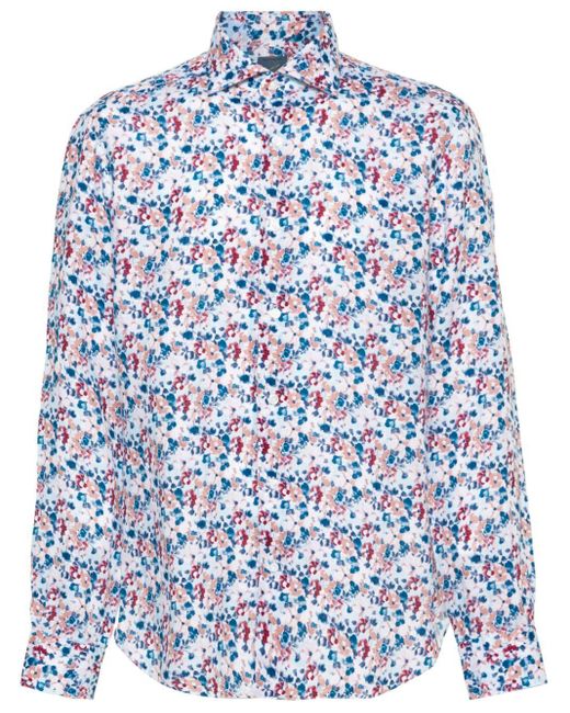 Barba Napoli Blue Floral-Print Linen Shirt for men