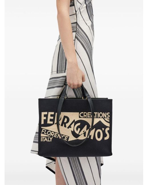 Ferragamo Black Medium Venna Logo-Embroidered Tote Bag