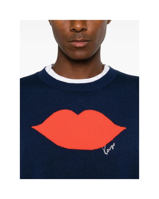 KENZO Blue Lips-Intarsia Short-Sleeve Sweater for men