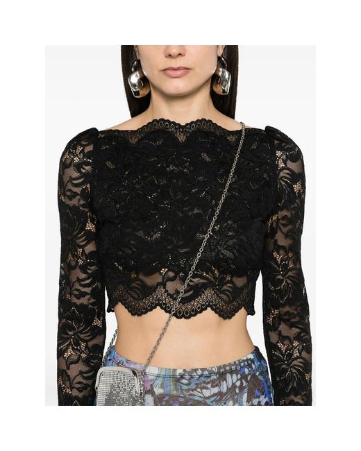 Rabanne Black Floral-Lace Cropped Top