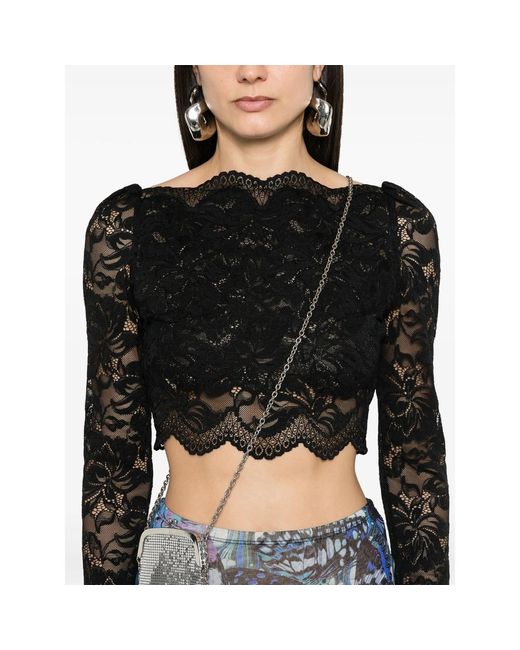 Rabanne Black Floral-Lace Cropped Top